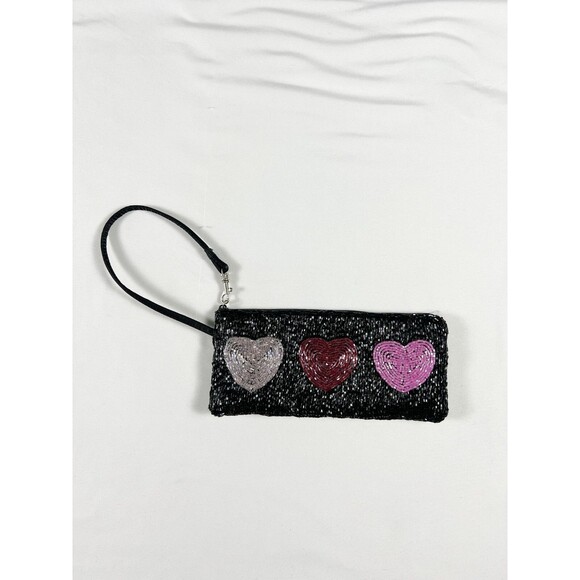 Liz Claiborne Beaded Wristlet Satin Y2K Hearts Black Goth Glam Kidcore Going Out - Picture 1 of 12